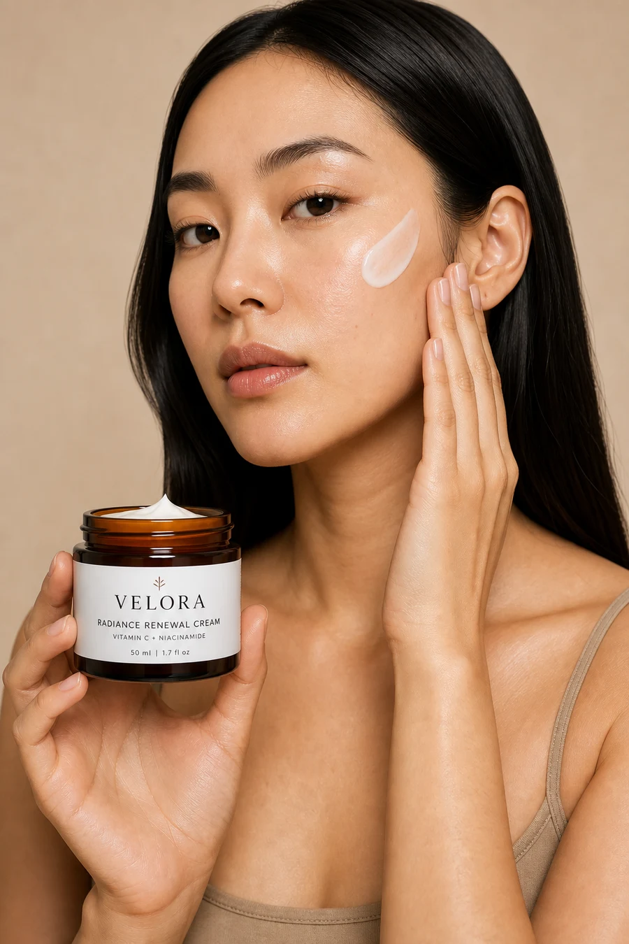 East Asian woman holding a Velora skincare jar with cream on her cheek