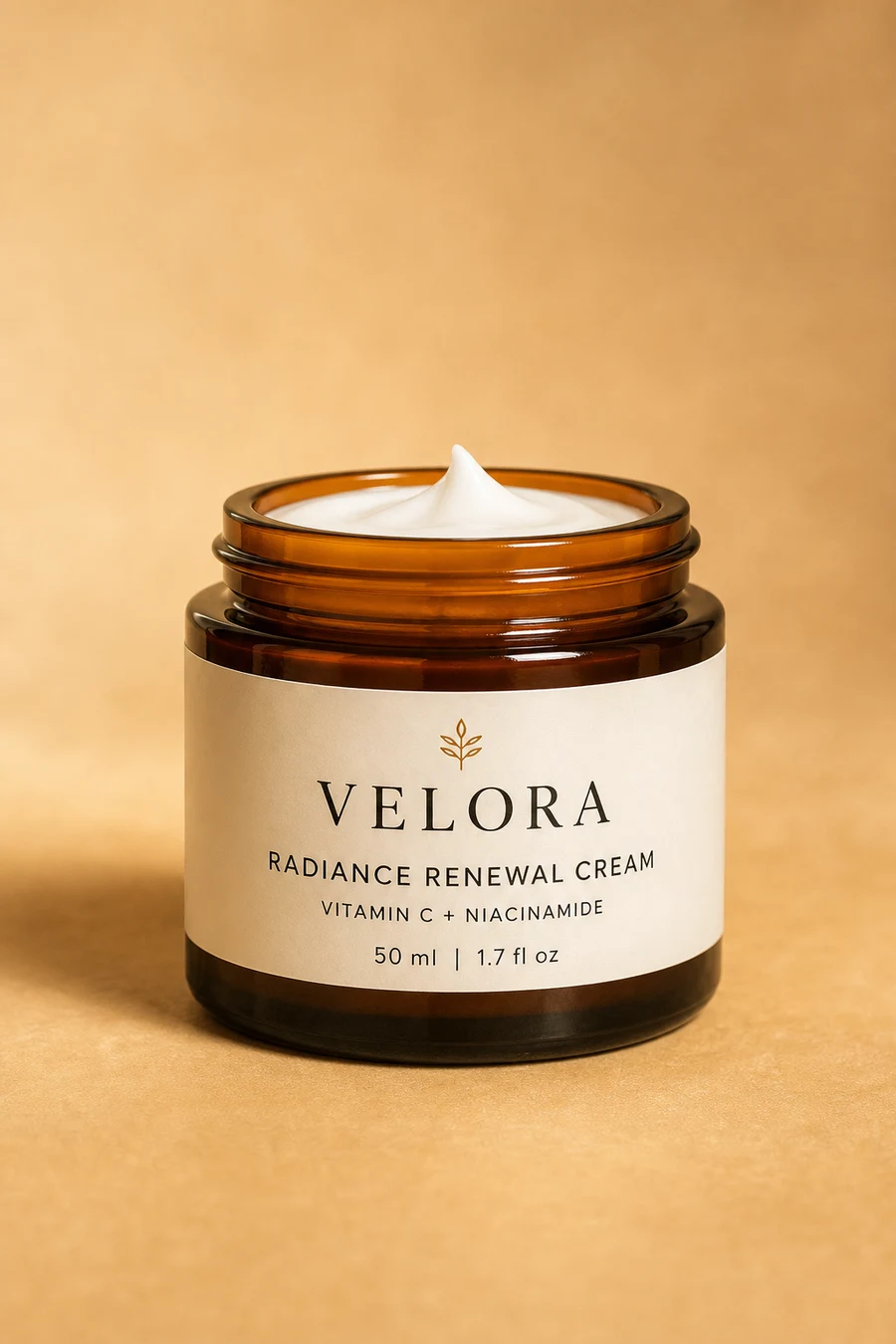 Velora cream jar with warm golden color grade